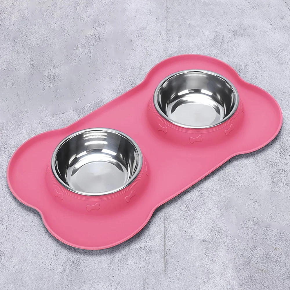 2-in-1 Dog Feeding & Watering Station, Thermoplastic Rubber Pet Bowl Mat with Stainless Steel Dual Bowls, Anti-Spill Pet Feeder, Includes Bowl Holder, Ideal for All Dog Breeds