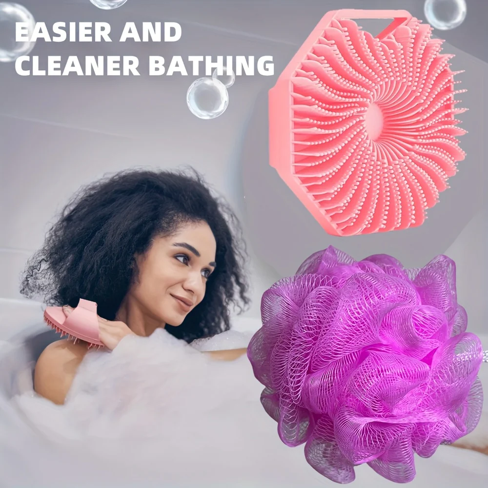 (4 Pieces)  Combination Package - Antibacterial Silicone Body Scrub And Bathroom Mesh Bag Foam Ball Set, Exfoliating Body Scrub, Suitable for Sensitive Light Beige, Bath Scrub, Suitable for Body Silicone Bath Brush