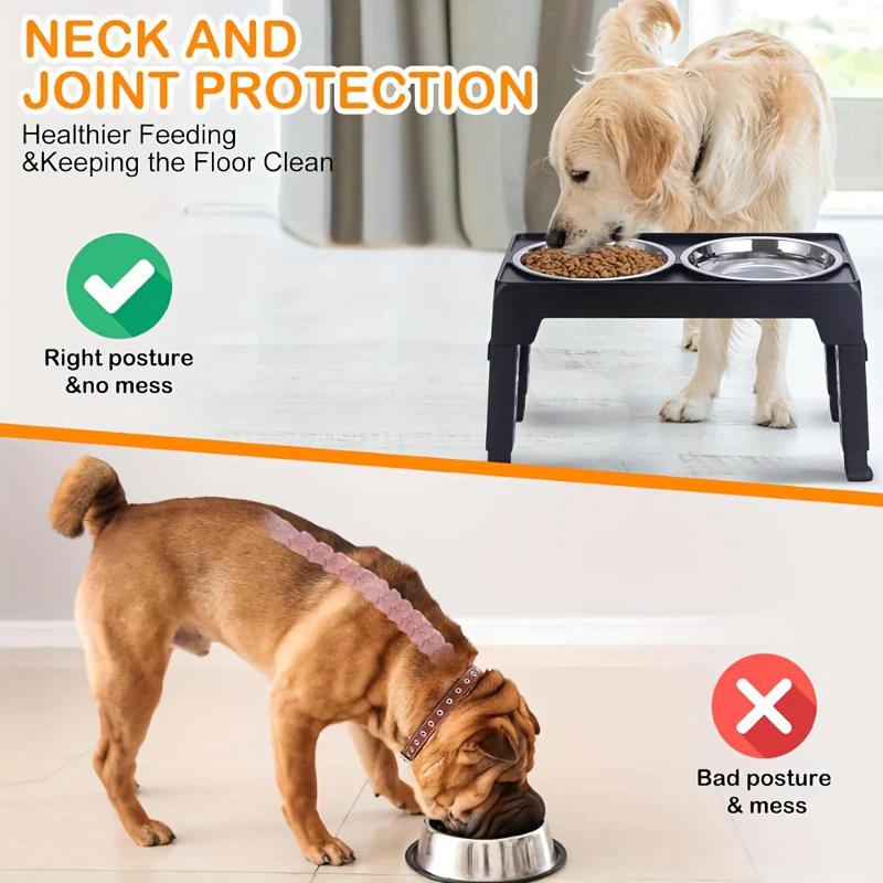 The Dog Bowl Rack Is Foldable And Adjustable In Height, Suitable For Dogs Of Various Body Types. It Includes 2 Feeding Bowls, A Pet Bowl That Can Be Raised And Lowered, And An Elevated Folding Bowl Rack.
